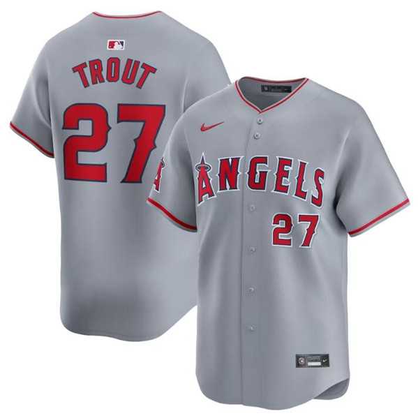 Mens Los Angeles Angels #27 Mike Trout Gray Away Limited Baseball Stitched Jersey Dzhi